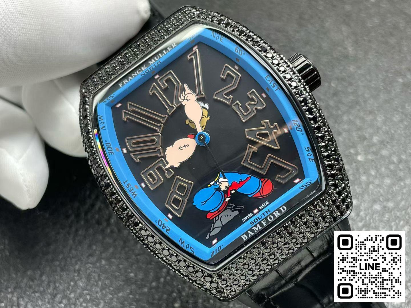 カテゴリ:<a href='/product.shtml?cid=707'>フランクミュラー</a> <br>ABF工場 フランクミュラー ポパイ ヴァンガード V45 ブラック ダイヤ入れ 44mm FM800ムーブメント