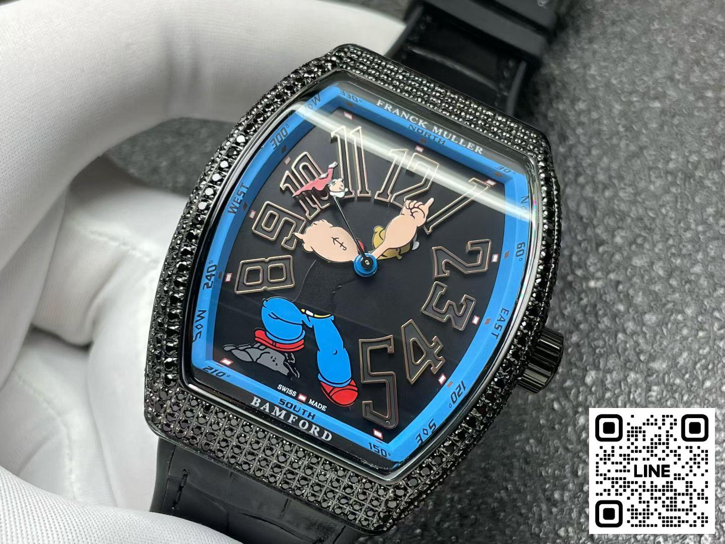 カテゴリ:<a href='/product.shtml?cid=707'>フランクミュラー</a> <br>ABF工場 フランクミュラー ポパイ ヴァンガード V45 ブラック ダイヤ入れ 44mm FM800ムーブメント