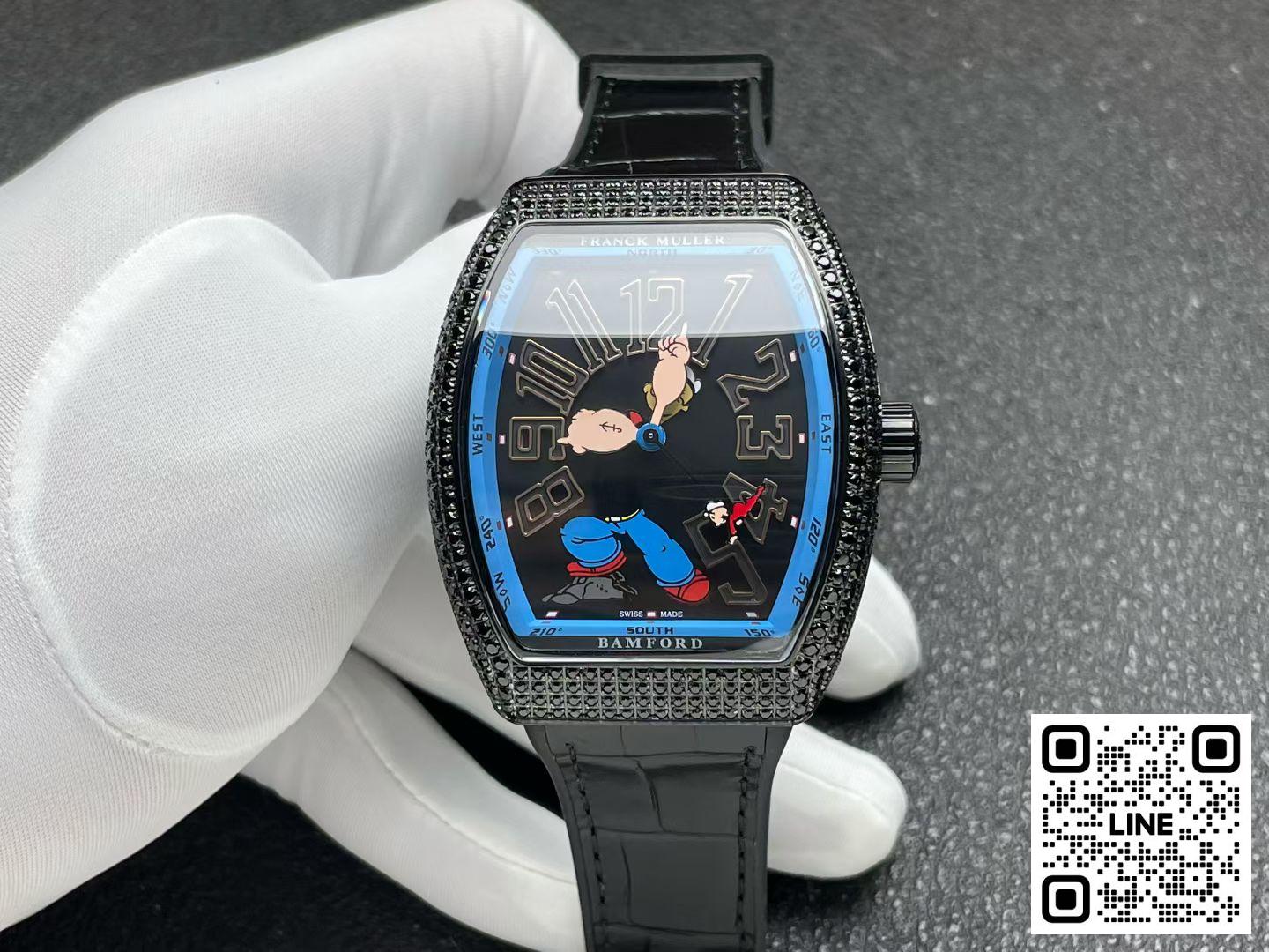 カテゴリ:<a href='/product.shtml?cid=707'>フランクミュラー</a> <br>ABF工場 フランクミュラー ポパイ ヴァンガード V45 ブラック ダイヤ入れ 44mm FM800ムーブメント