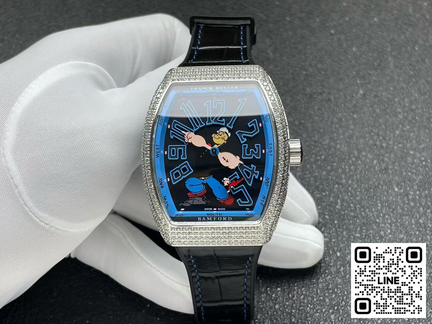 カテゴリ:<a href='/product.shtml?cid=707'>フランクミュラー</a> <br>ABF工場 フランクミュラー ポパイ ヴァンガード V45 ブラック ダイヤ入れ 44mm FM800ムーブメント