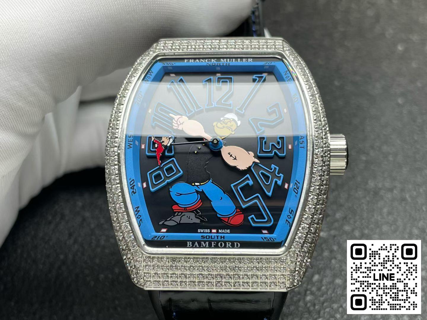 カテゴリ:<a href='/product.shtml?cid=707'>フランクミュラー</a> <br>ABF工場 フランクミュラー ポパイ ヴァンガード V45 ブラック ダイヤ入れ 44mm FM800ムーブメント