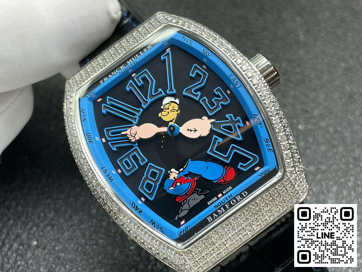 カテゴリ:<a href='/product.shtml?cid=707'>フランクミュラー</a> <br>ABF工場 フランクミュラー ポパイ ヴァンガード V45 ブラック ダイヤ入れ 44mm FM800ムーブメント