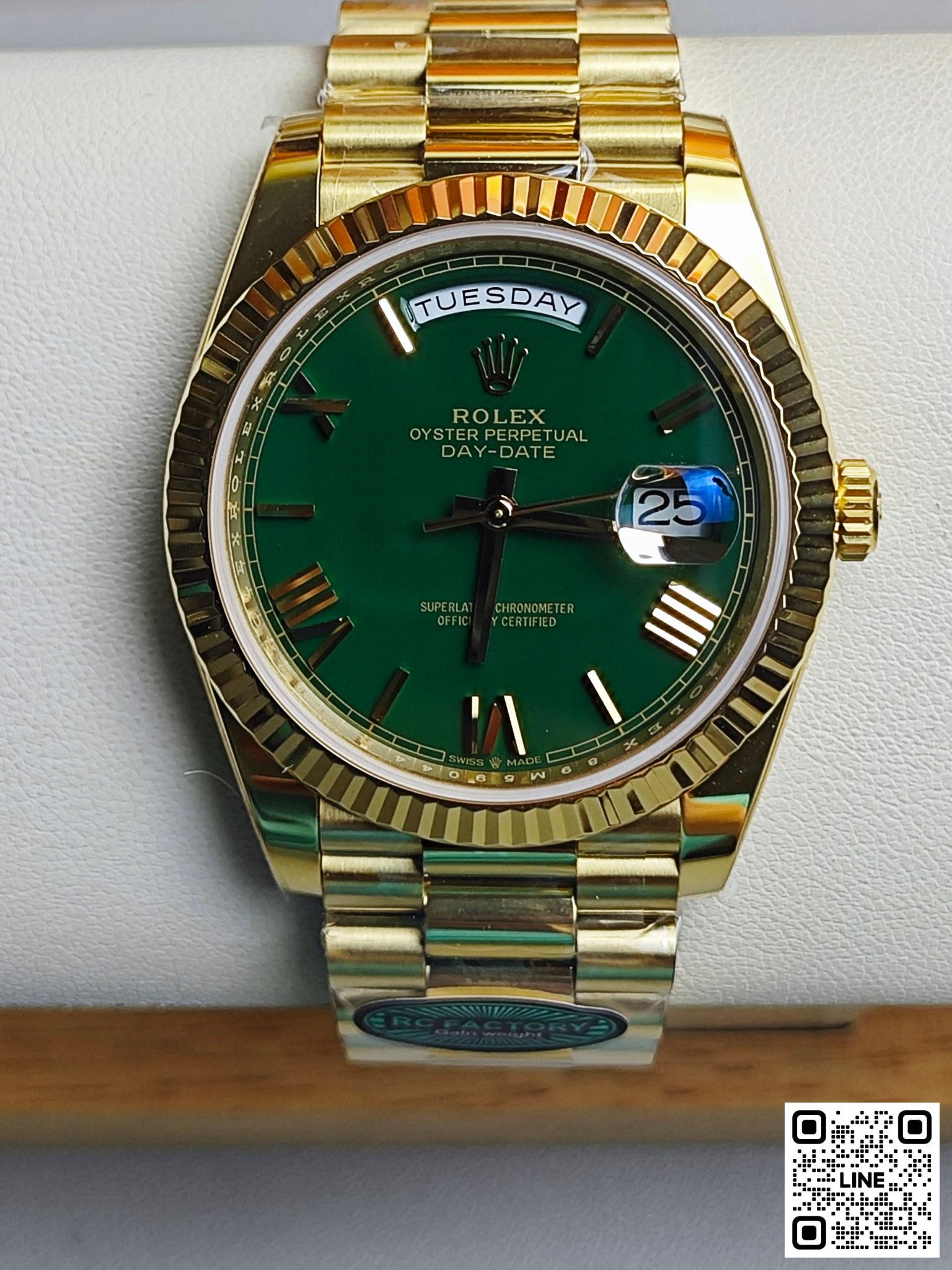 カテゴリ:<a href='/product.shtml?cid=667'>デイデイト</a> <br>RC工場 ロレックス デイデイト 40mm イエローゴールド グリーン 3255ムーブメント